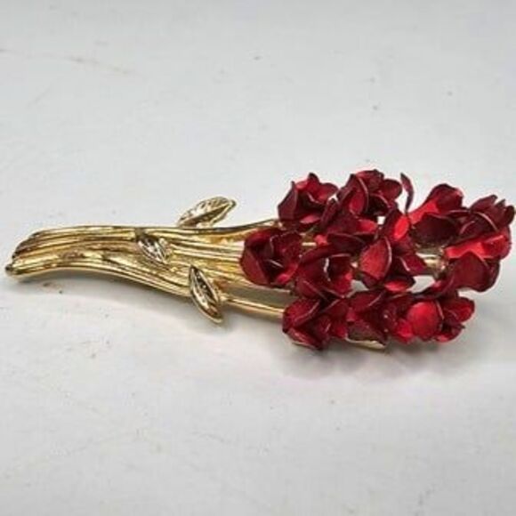 Vintage David Monn Bouquet of Red Roses Gold Tone Brooch Pin 1997 - Picture 2 of 4